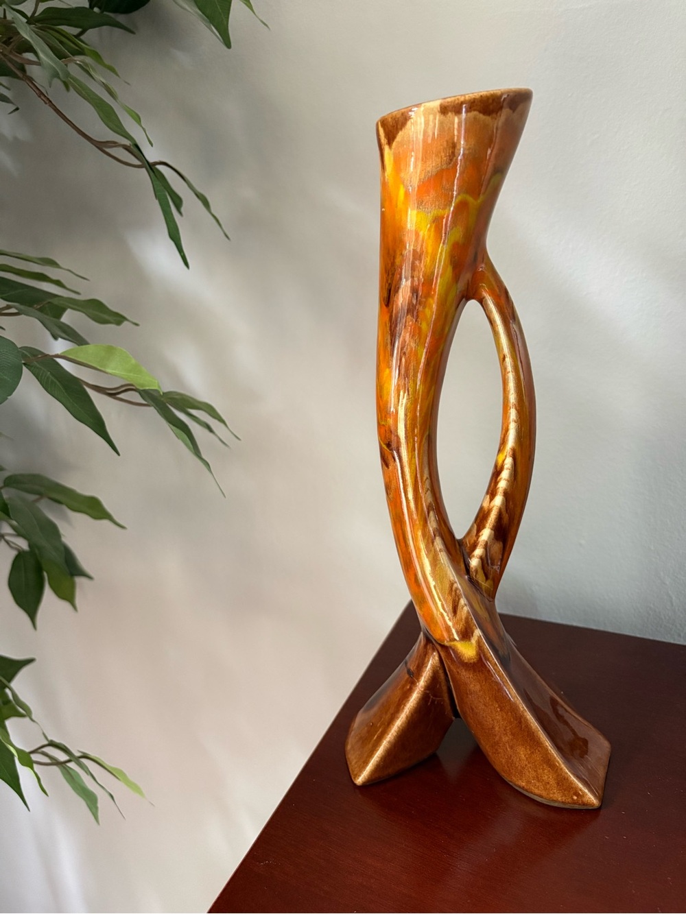 Mid-Century Style Ceramic Tall Sculptural Vase - Amber Brown